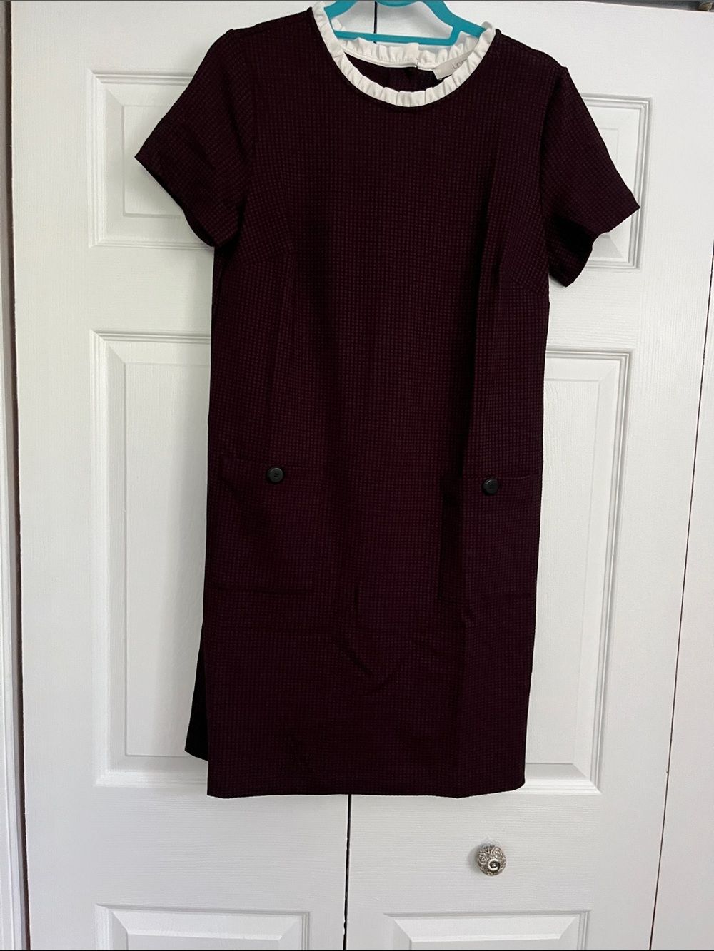 LOFT Burgundy Shift Dress with White Ruffle Collar